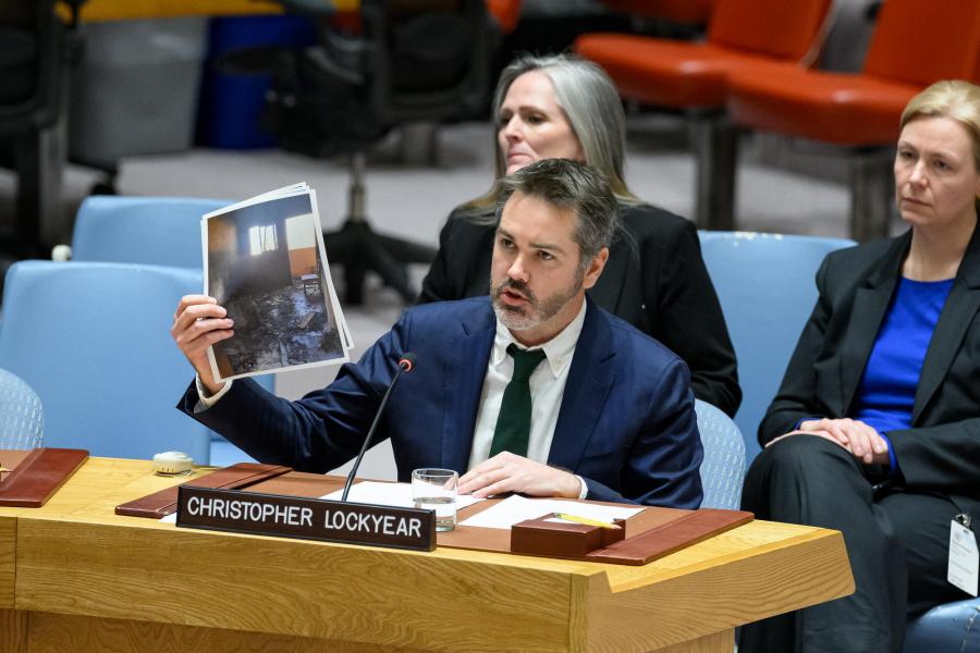 Still image of Christoper Lockyear at UNSC briefing on Gaza